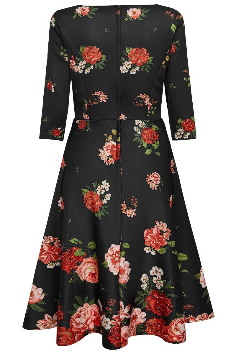 Janet Classic Long Sleeves Flared Dress in Black and Raising Roses