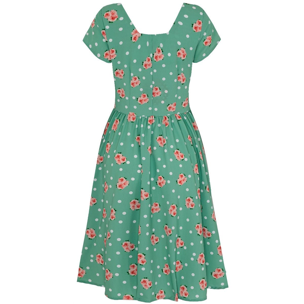 Viktoria 50s A-line Dress in Green/Pink Roses/White Dots