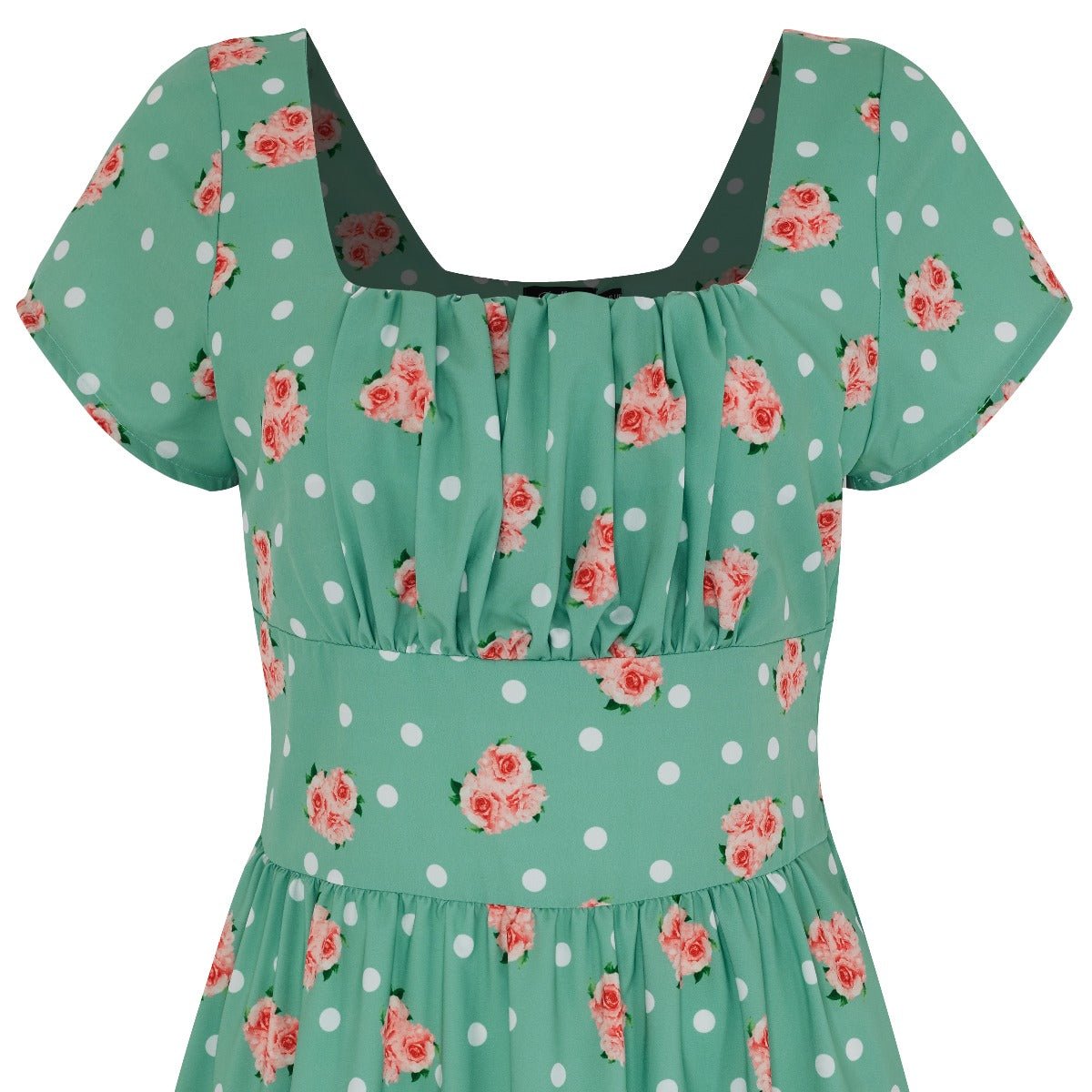 Viktoria 50s A-line Dress in Green/Pink Roses/White Dots