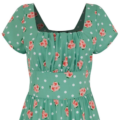 Viktoria 50s A-line Dress in Green/Pink Roses/White Dots
