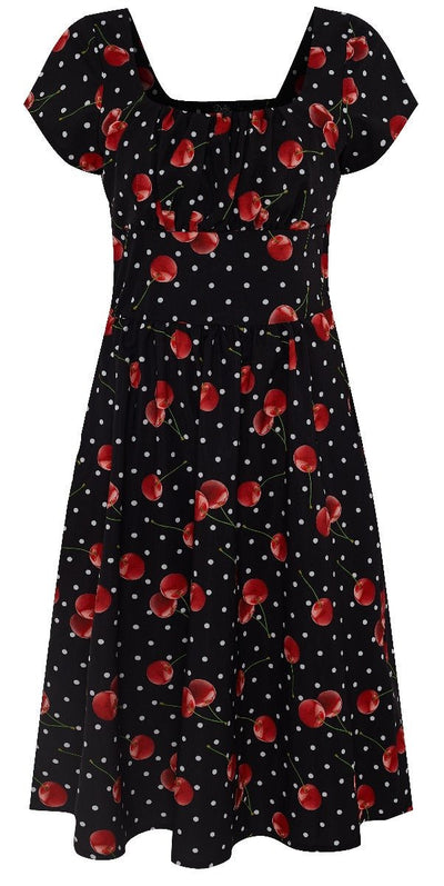 Viktoria 50s Inspired A-line Dress in Black with White Polka Dots and Red Cherry