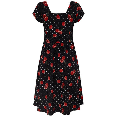 Viktoria 50s Inspired A-line Dress in Black with White Polka Dots and Red Cherry