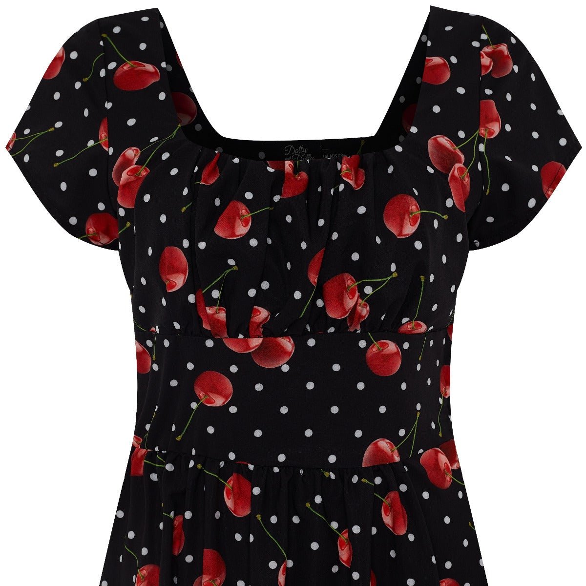 Viktoria 50s Inspired A-line Dress in Black with White Polka Dots and Red Cherry
