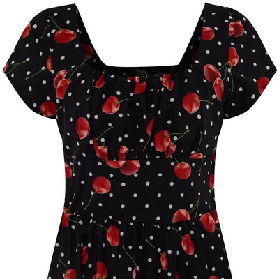 Viktoria 50s Inspired A-line Dress in Black with White Polka Dots and Red Cherry