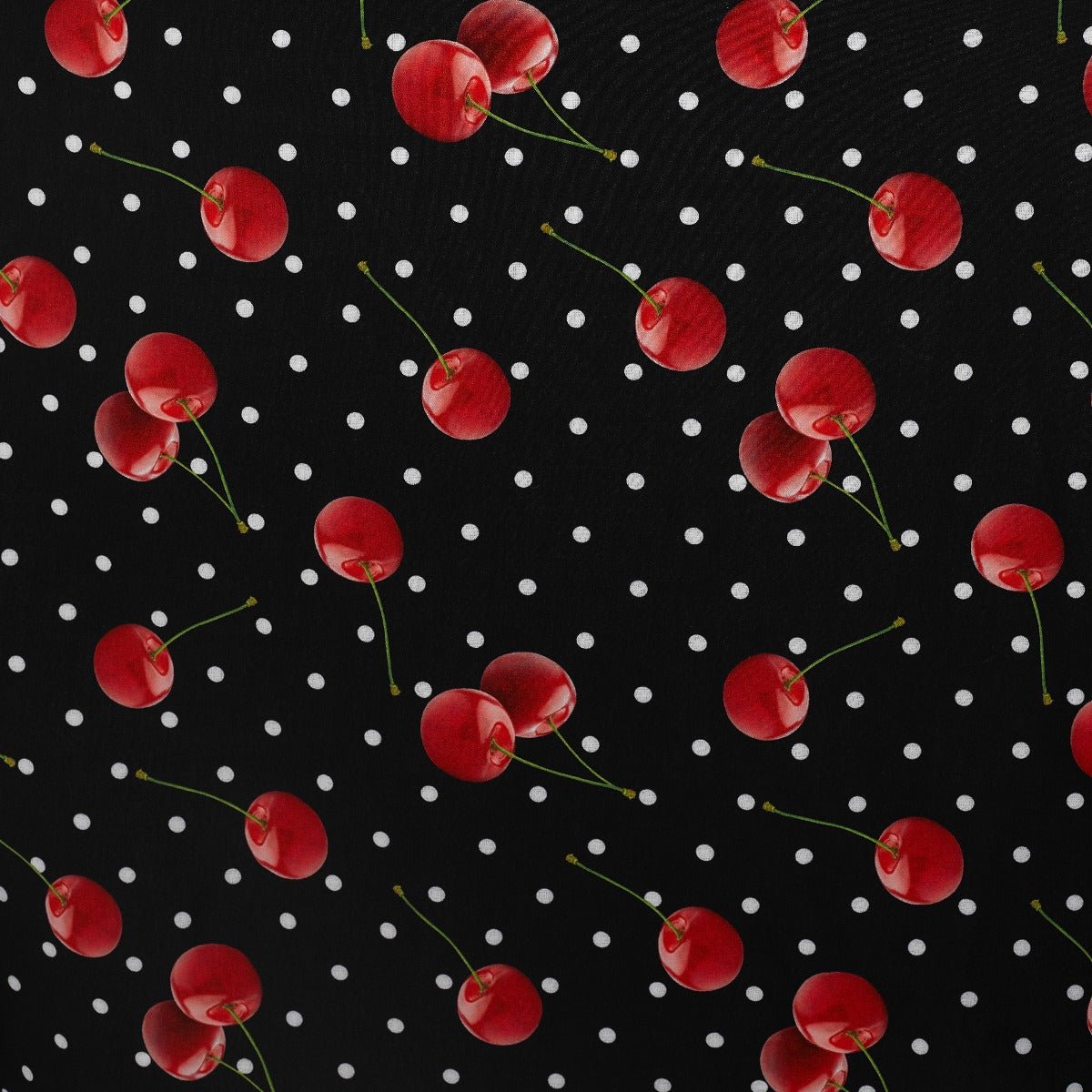 Viktoria 50s Inspired A-line Dress in Black with White Polka Dots and Red Cherry