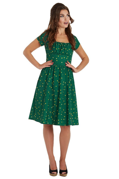 Viktoria 50s A-line Dress in Dark Green/Yellow Floral