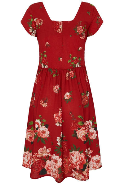 Viktoria 50s Inspired Aine Dress in Burgundy and Raising Flowers