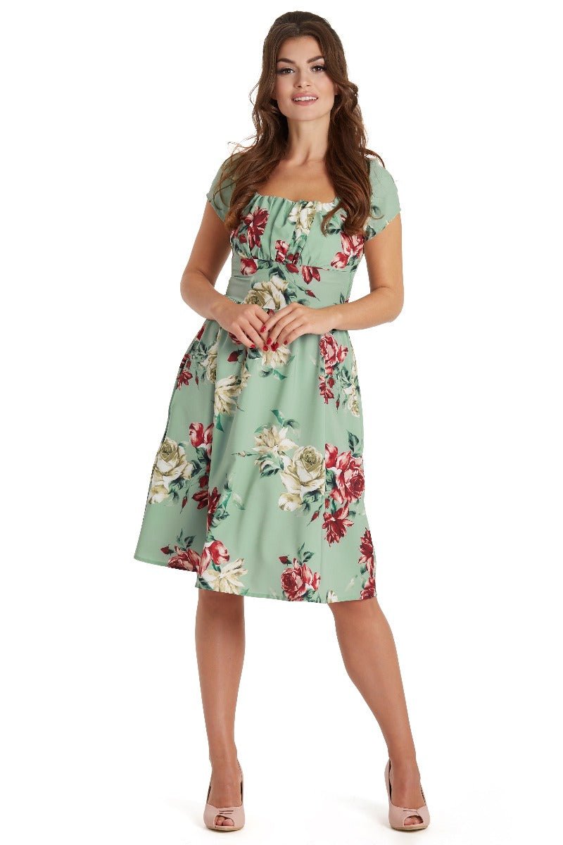 Viktoria 50s inspired A-line Green dress with Red and White Rose Print