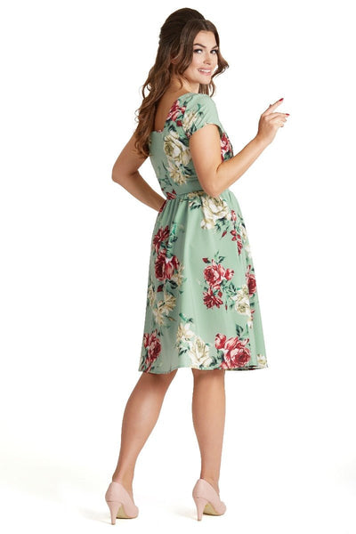 Viktoria 50s inspired A-line Green dress with Red and White Rose Print