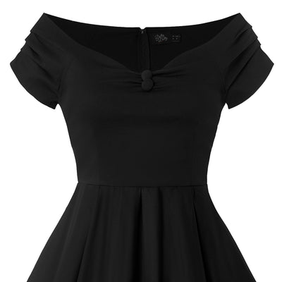 Black Lily swing dress, with short sleeves, close up view