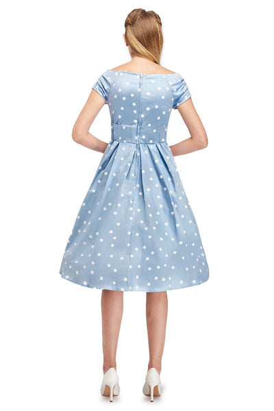 Lily Off-Shoulder Polka Dot Evening Dress in Baby Blue/White