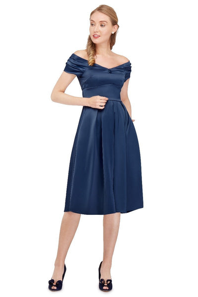 Lily Off Shoulder Prussian Blue Satin Evening Dress