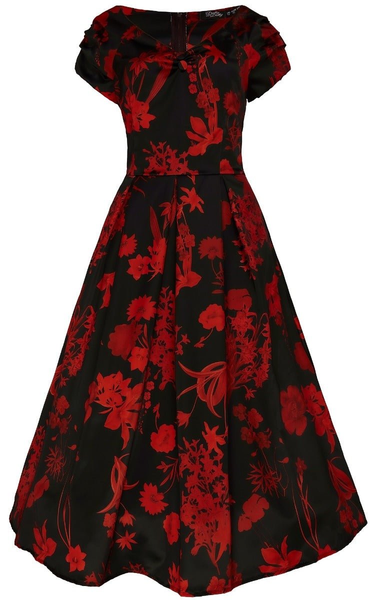 Lily Off Shoulder 50s Flower Print Evening Dress in Black and Red