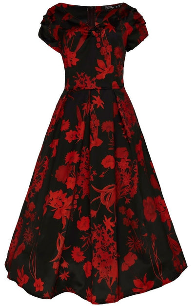 Lily Off Shoulder 50s Flower Print Evening Dress in Black and Red