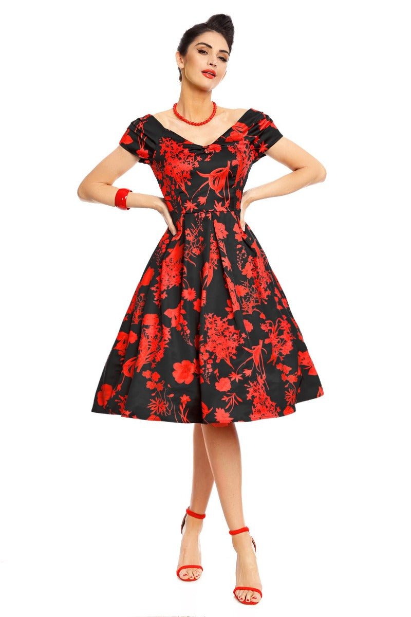 Lily Off Shoulder 50s Flower Print Evening Dress in Black and Red