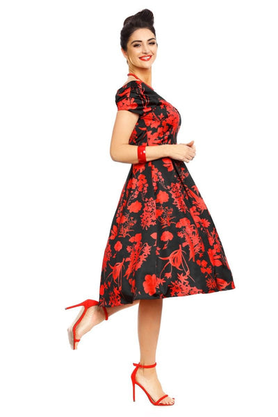 Lily Off Shoulder 50s Flower Print Evening Dress in Black and Red