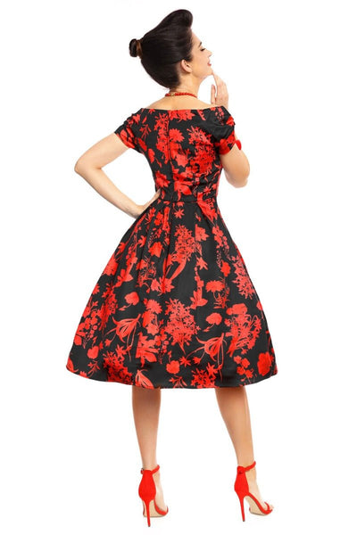 Lily Off Shoulder 50s Flower Print Evening Dress in Black and Red