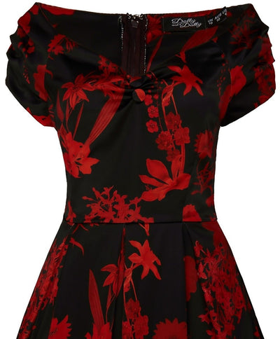 Lily Off Shoulder 50s Flower Print Evening Dress in Black and Red