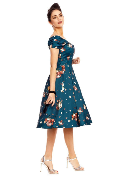 Woman's Off The Shoulder Evening Dress - Blue & Cute Roses