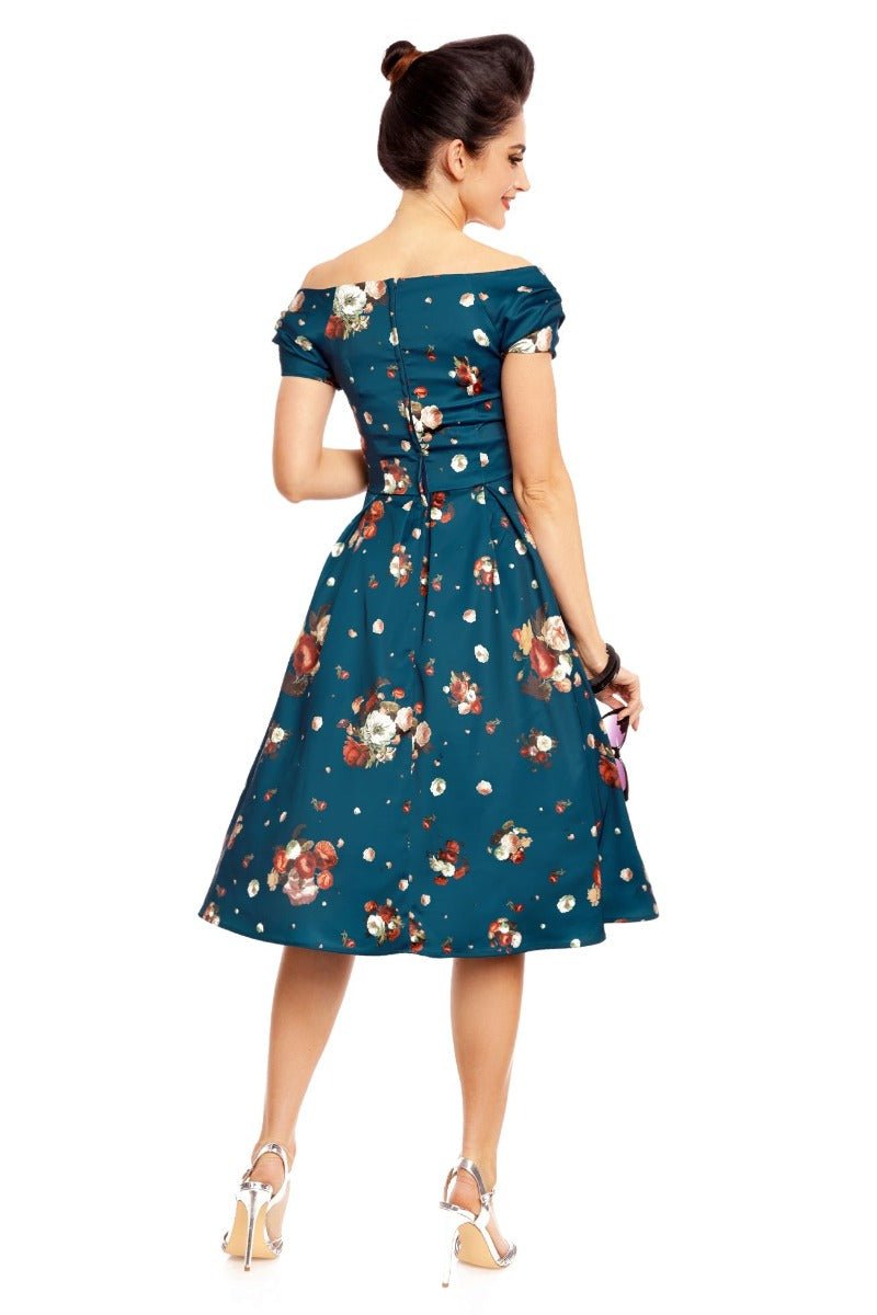 Woman's Off The Shoulder Evening Dress - Blue & Cute Roses