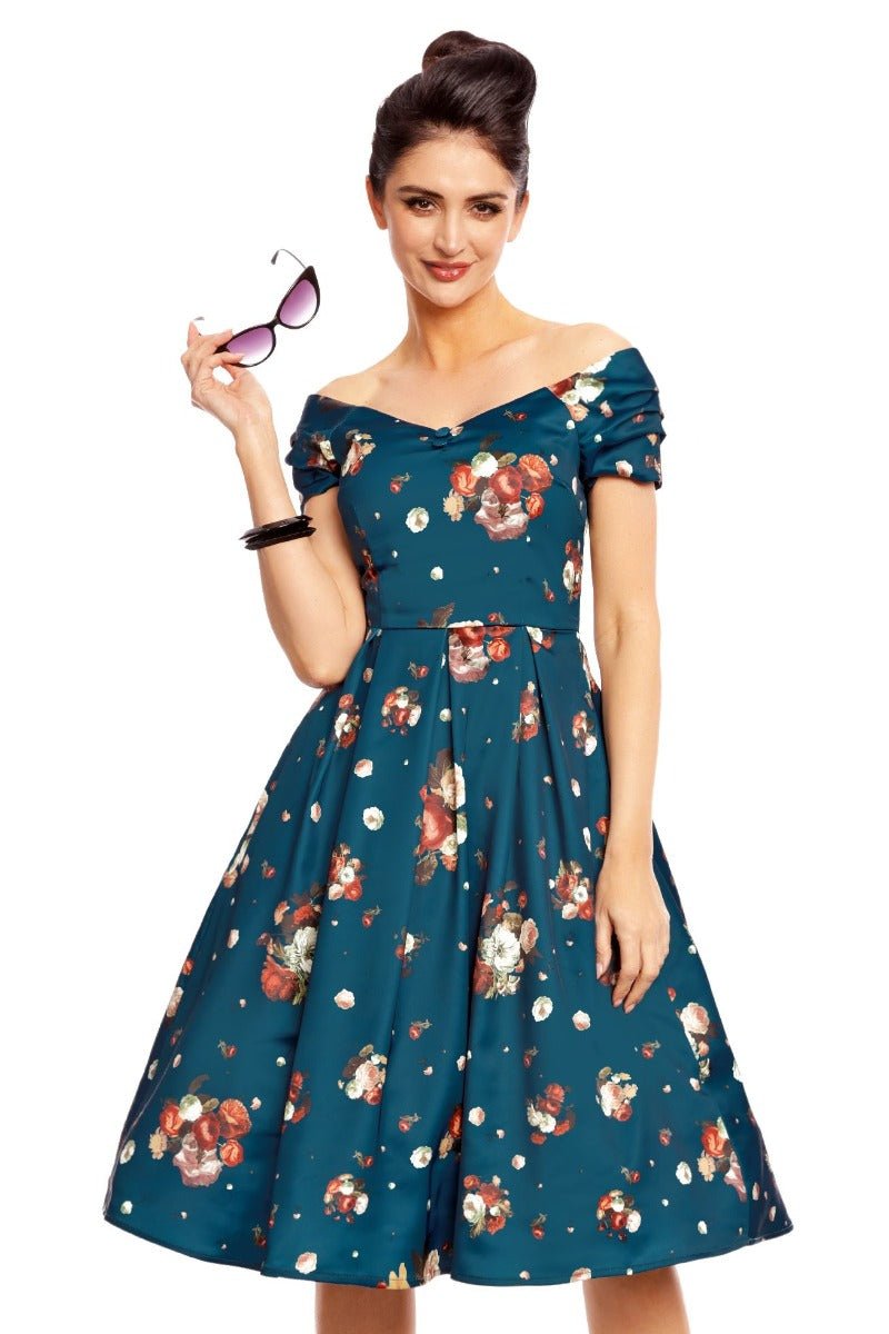 Woman's Off The Shoulder Evening Dress - Blue & Cute Roses