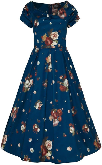 Lily Off-Shoulder 50's Dress in Blue Floral Roses Print