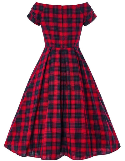 Red and blue tartan swing dress with short sleeves back view