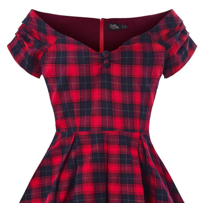 Red and blue tartan swing dress with short sleeves close up