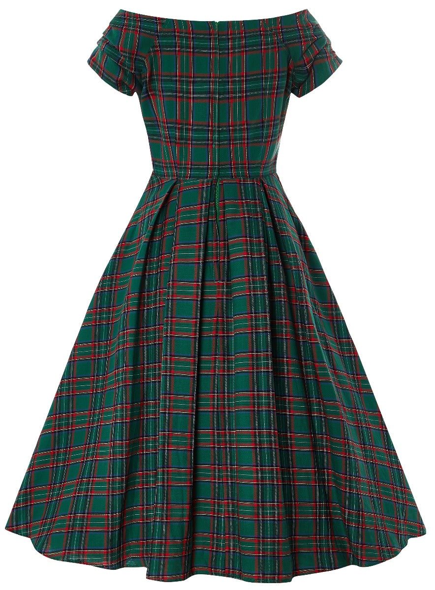 Short sleeved Lily dress in green and red tartan check print, back view