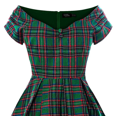 Short sleeved Lily dress in green and red tartan check print, close up view