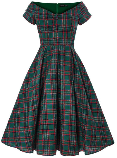 Short sleeved Lily dress in green and red tartan check print, front view