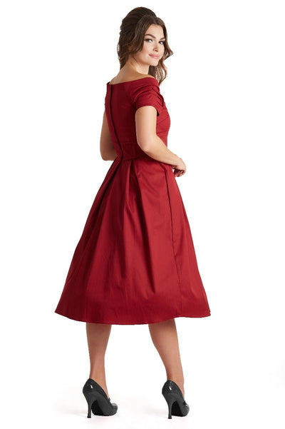 Lily Off Shoulder 50s  Evening Dress in Burgundy Red