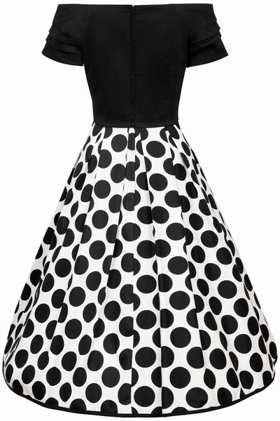 Black and white spot fit and flare dress back view