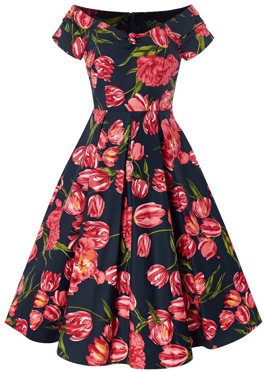 V neck Lily dress, in navy blue, with pink tulips, front view
