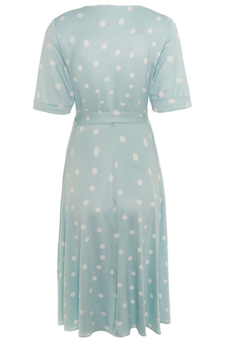 Woman's Retro Wrap Dress in Pale Blue/White Polka dots