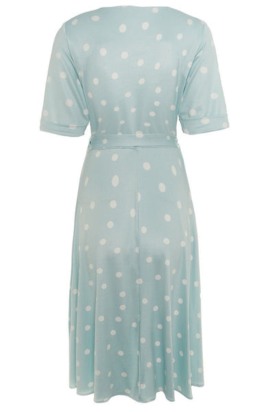Woman's Retro Wrap Dress in Pale Blue/White Polka dots