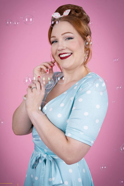 Woman's Retro Wrap Dress in Pale Blue/White Polka dots