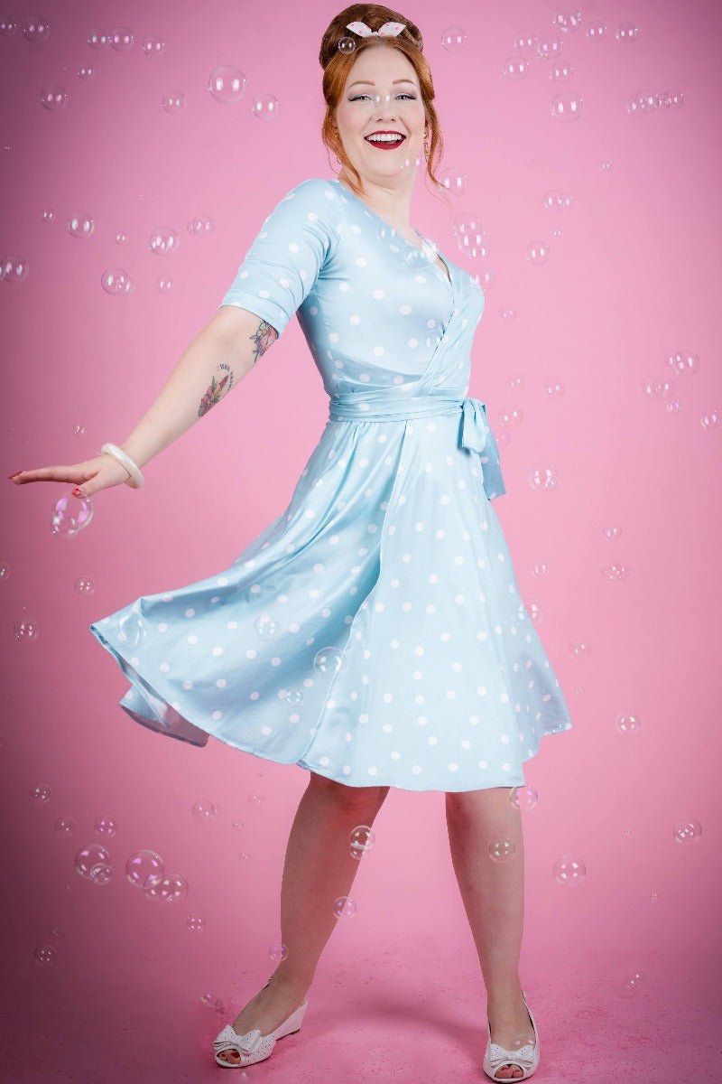 Woman's Retro Wrap Dress in Pale Blue/White Polka dots