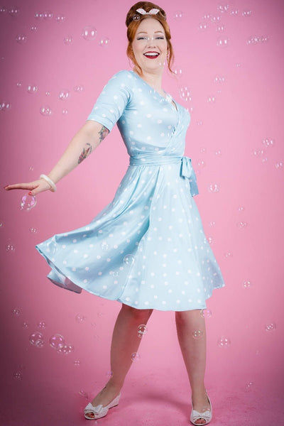 Woman's Retro Wrap Dress in Pale Blue/White Polka dots