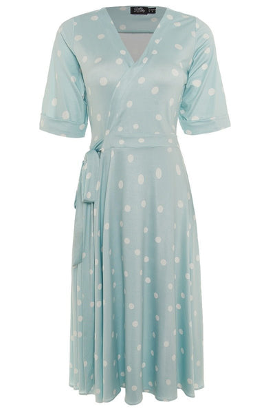 Woman's Retro Wrap Dress in Pale Blue/White Polka dots