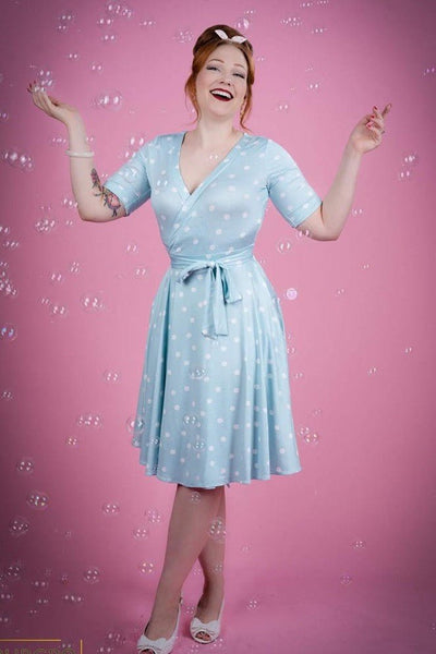 Woman's Retro Wrap Dress in Pale Blue/White Polka dots