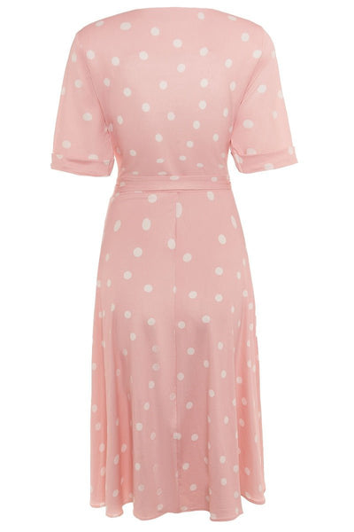 Matilda wrap casual dress, in pink, with white polka dots, back view