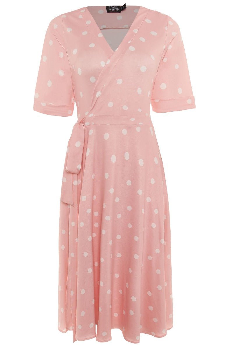 Matilda wrap casual dress, in pink, with white polka dots, front view