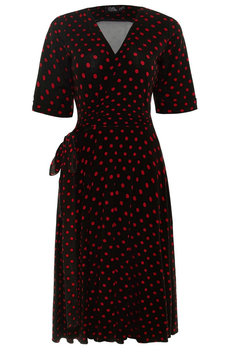 Matilda Retro Wrap Dress in Black/Red Polka Dot Print