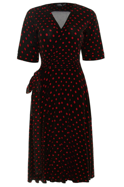 Matilda wrap casual dress, in black, with red polka dots, front view
