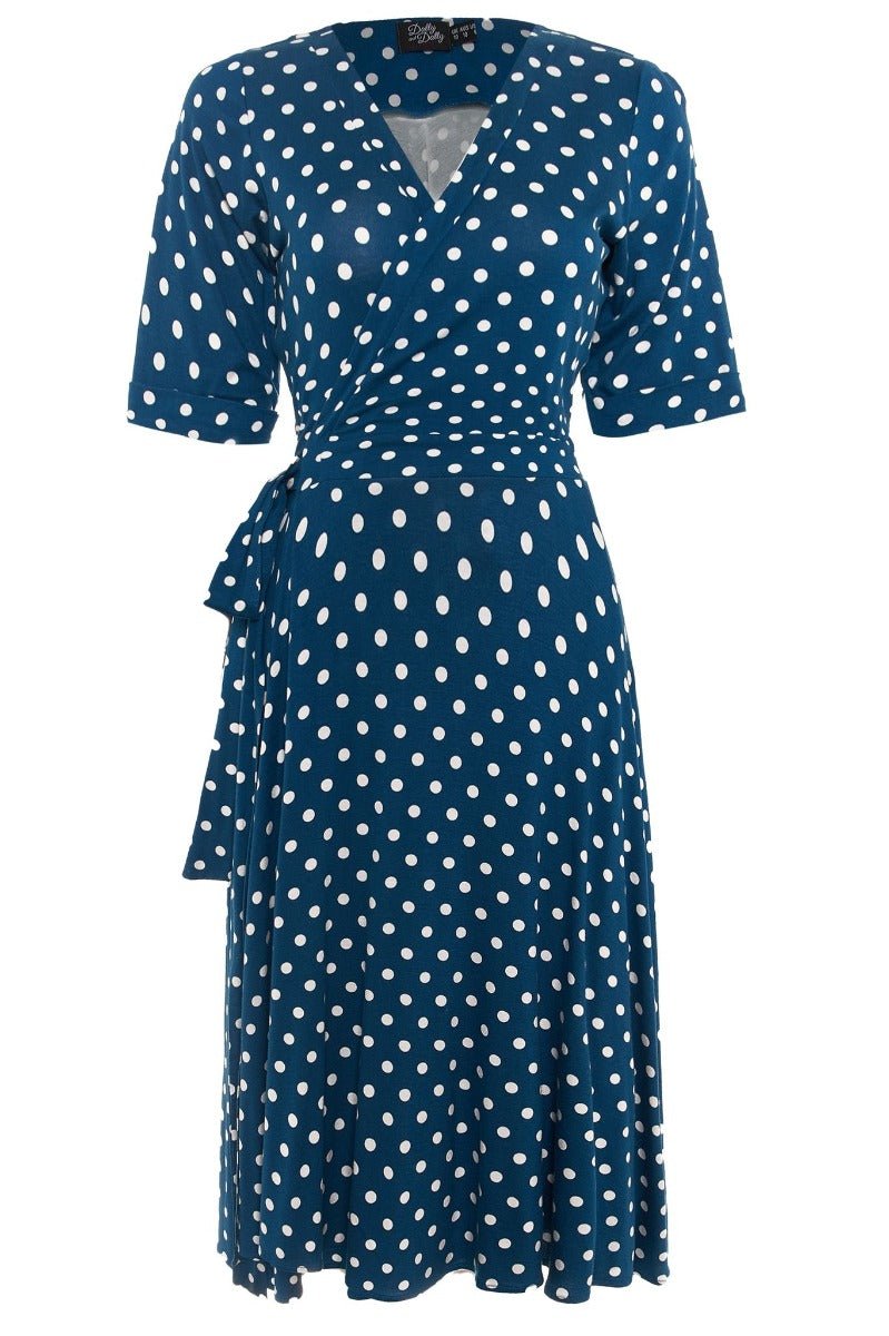 Matilda retro wrap dress, in teal blue, with white polka dots, front view