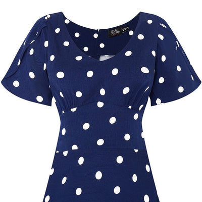 Janice Summer Tea Dress in Dark Blue/White Polka Dot Print