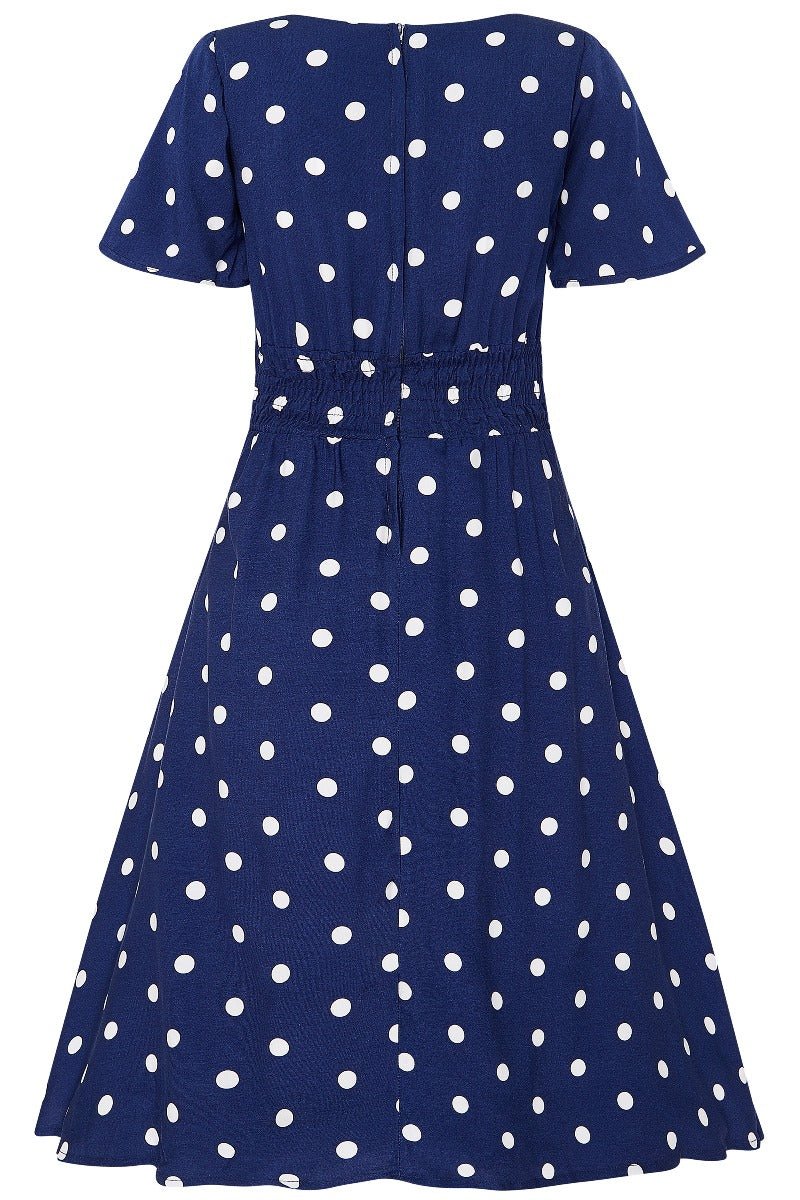 Janice Summer Tea Dress in Dark Blue/White Polka Dot Print