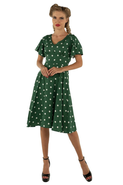 Janice V-Neck Flared Tea Dress in Green Polka Dot Print