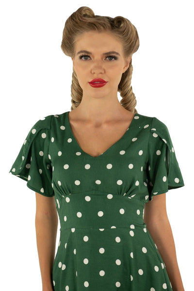 Janice V-Neck Flared Tea Dress in Green Polka Dot Print